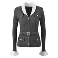 Women's V-Neck Jacquard Ribbed Knit Cardigan with Belt and Contrast Splicing