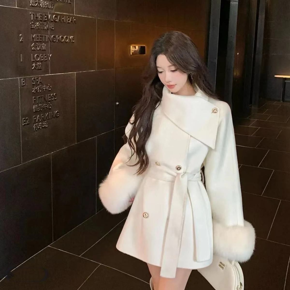 Women's Mid-Length Faux Fur Sleeve Coat with Belt Solid Color Loose Fit Coat