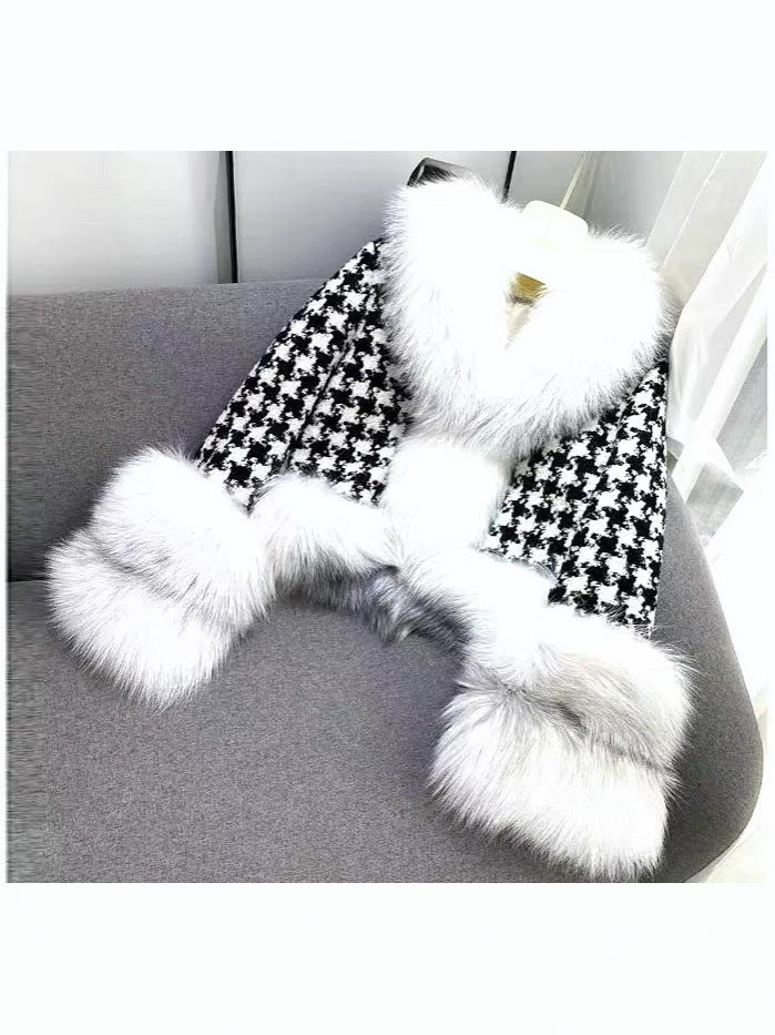 Womens Houndstooth Fur Collar Coat
