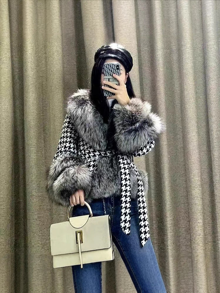 Womens Houndstooth Fur Collar Coat