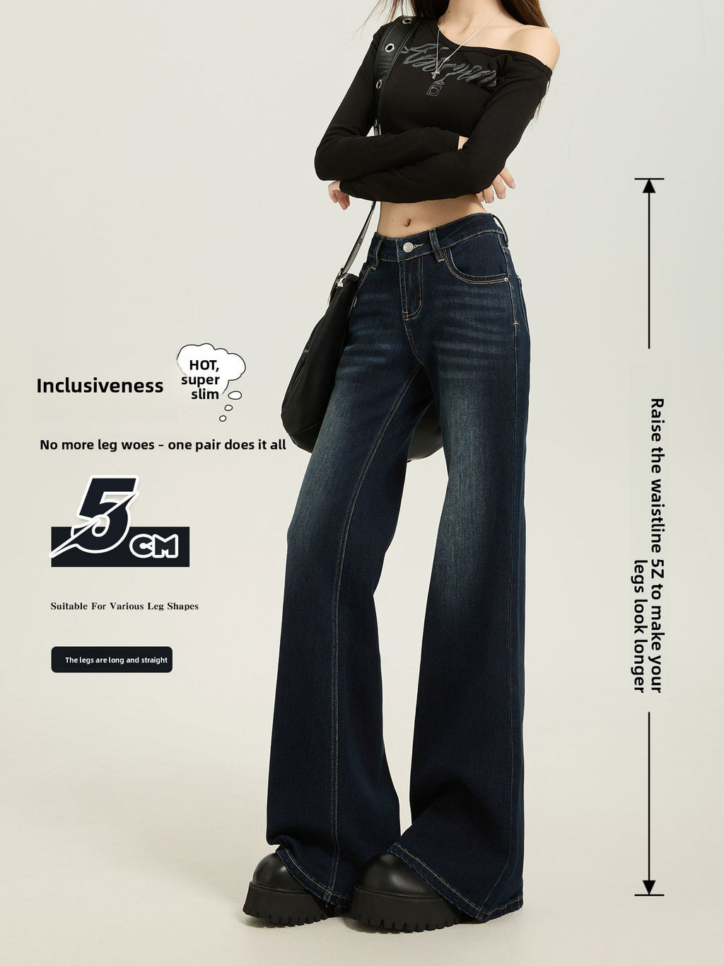 American Style Dark Blue Low Waist Flared Jeans for Women Slim Fit