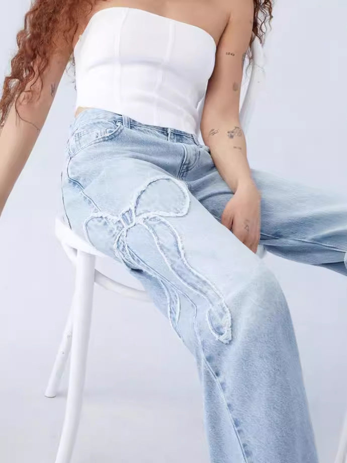Embroidered Side Fringe High Waist Jeans