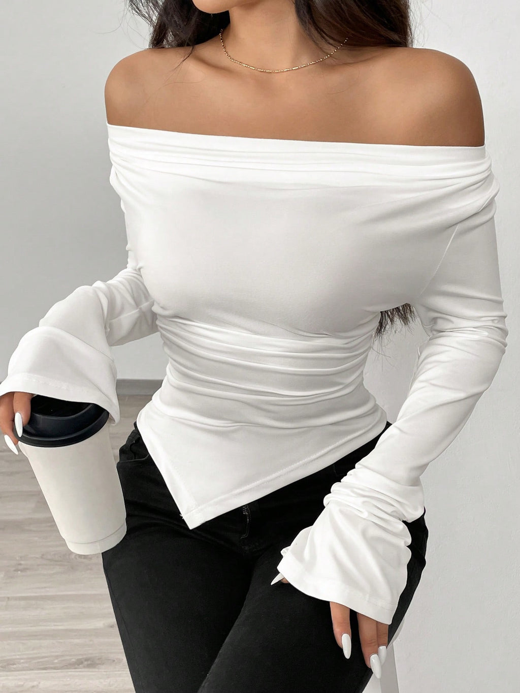 Women's Off-Shoulder Long Sleeve Ruched Slim Fit Knit Top