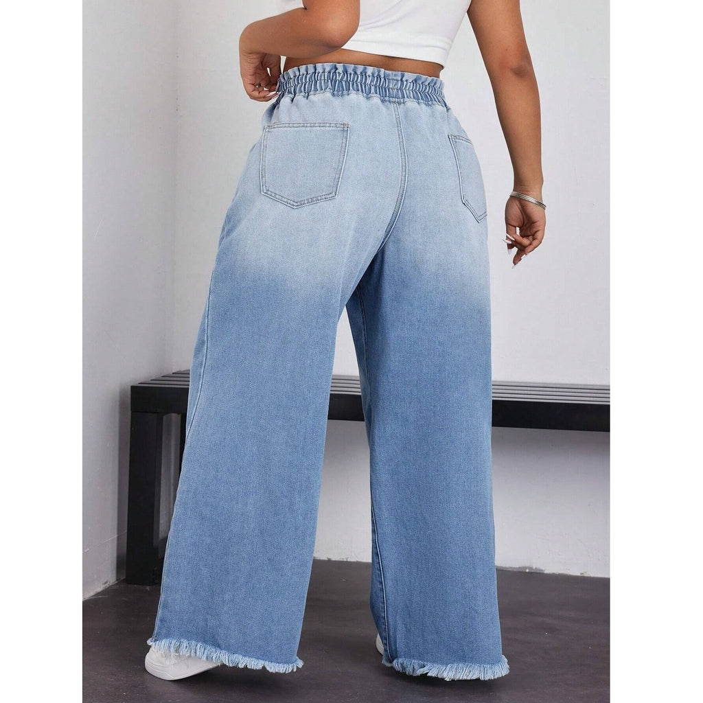 Women's Drawstring Wide Leg Jeans Distressed Raw Hem Trousers