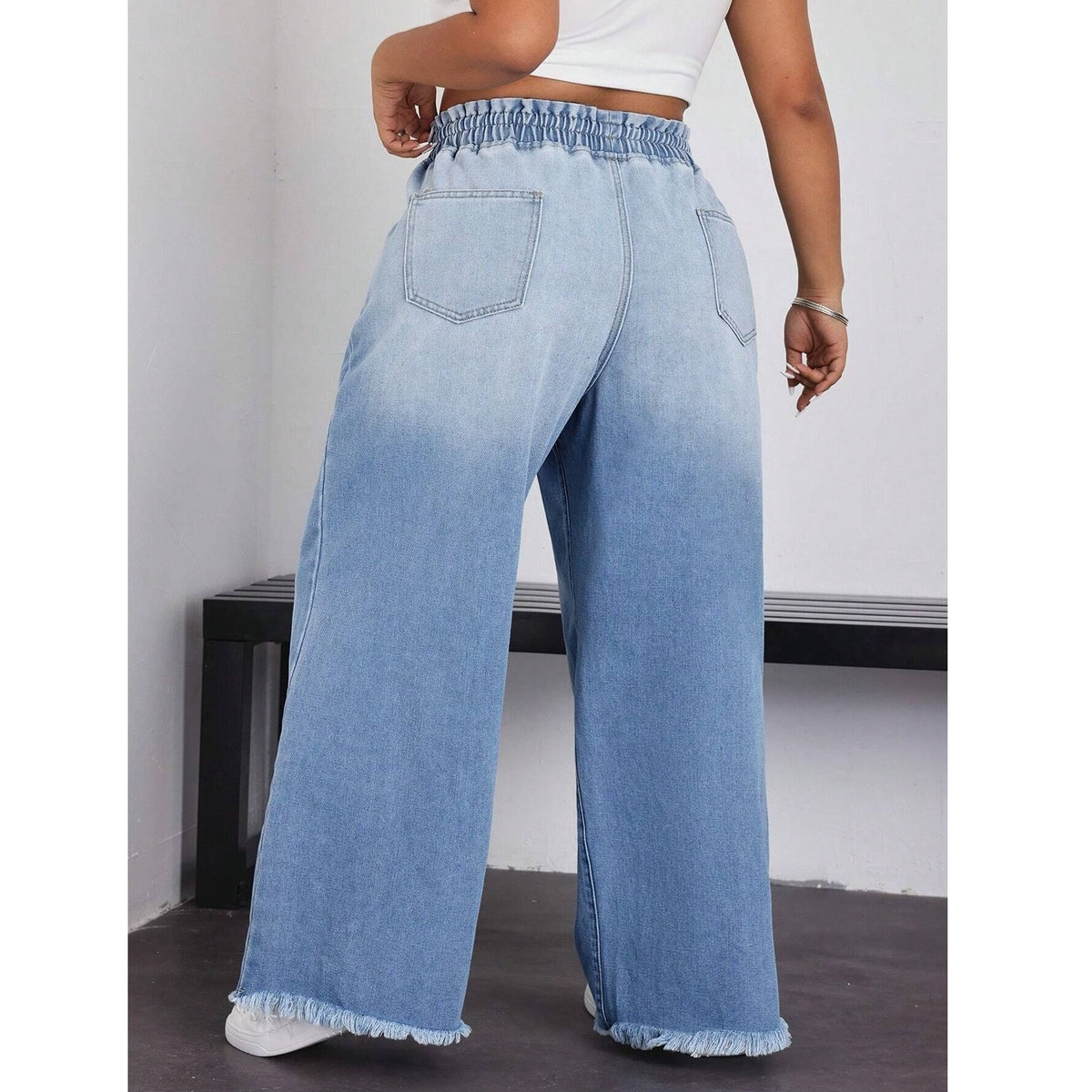 Women's Drawstring Wide Leg Jeans Distressed Raw Hem Trousers