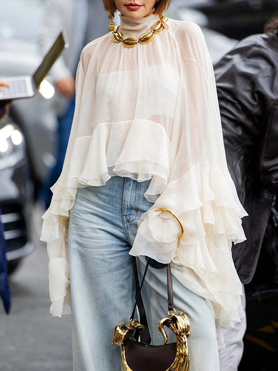 Elegant Mesh Ruffle Blouse with Bell Sleeves