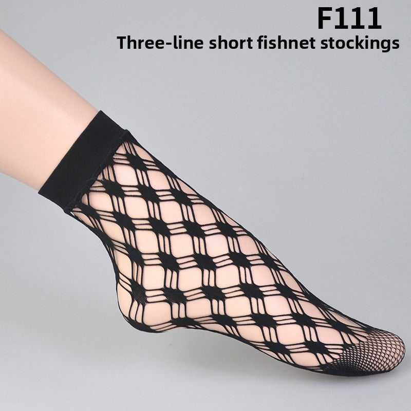 Women Hollow-Out Short Fishnet Socks Lace Trim Retro Style