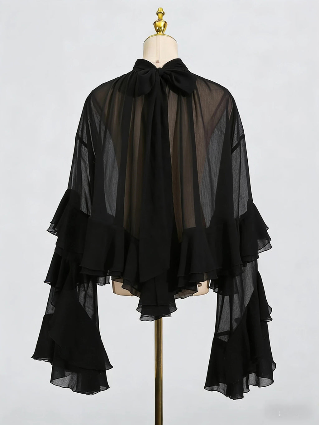 Elegant Mesh Ruffle Blouse with Bell Sleeves