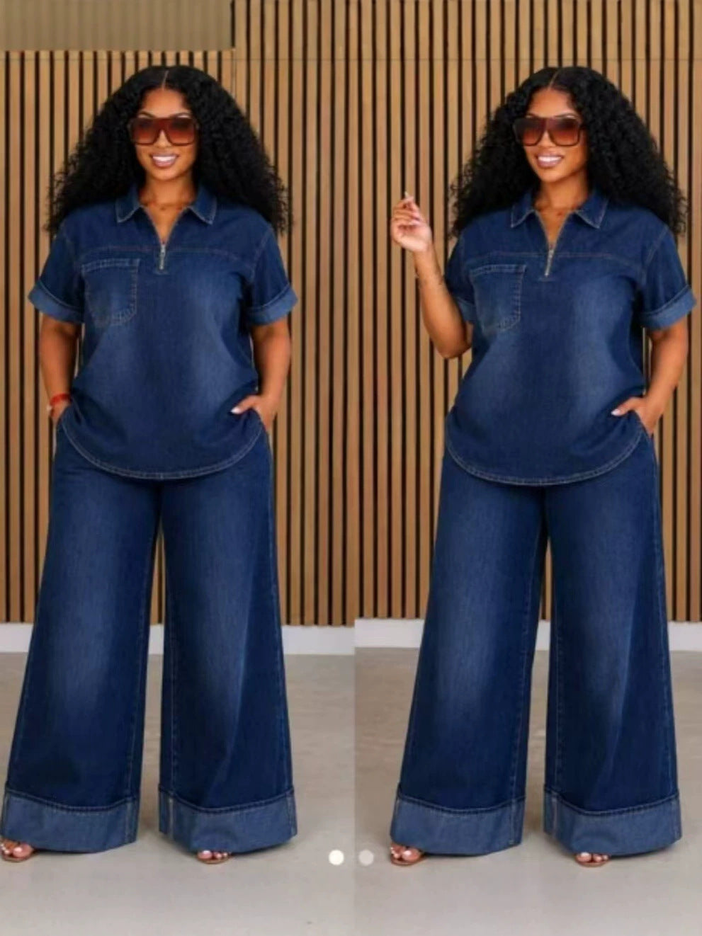 Plus Size Loose Fit Solid Color Denim Short Sleeve Polo Top and Wide Leg Pants Two Piece Set for Women