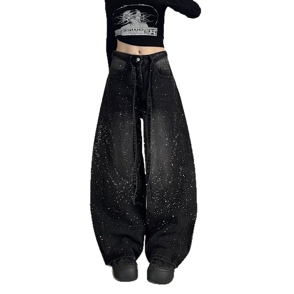 Womens High-Waisted Wide-Leg Rhinestone Jeans