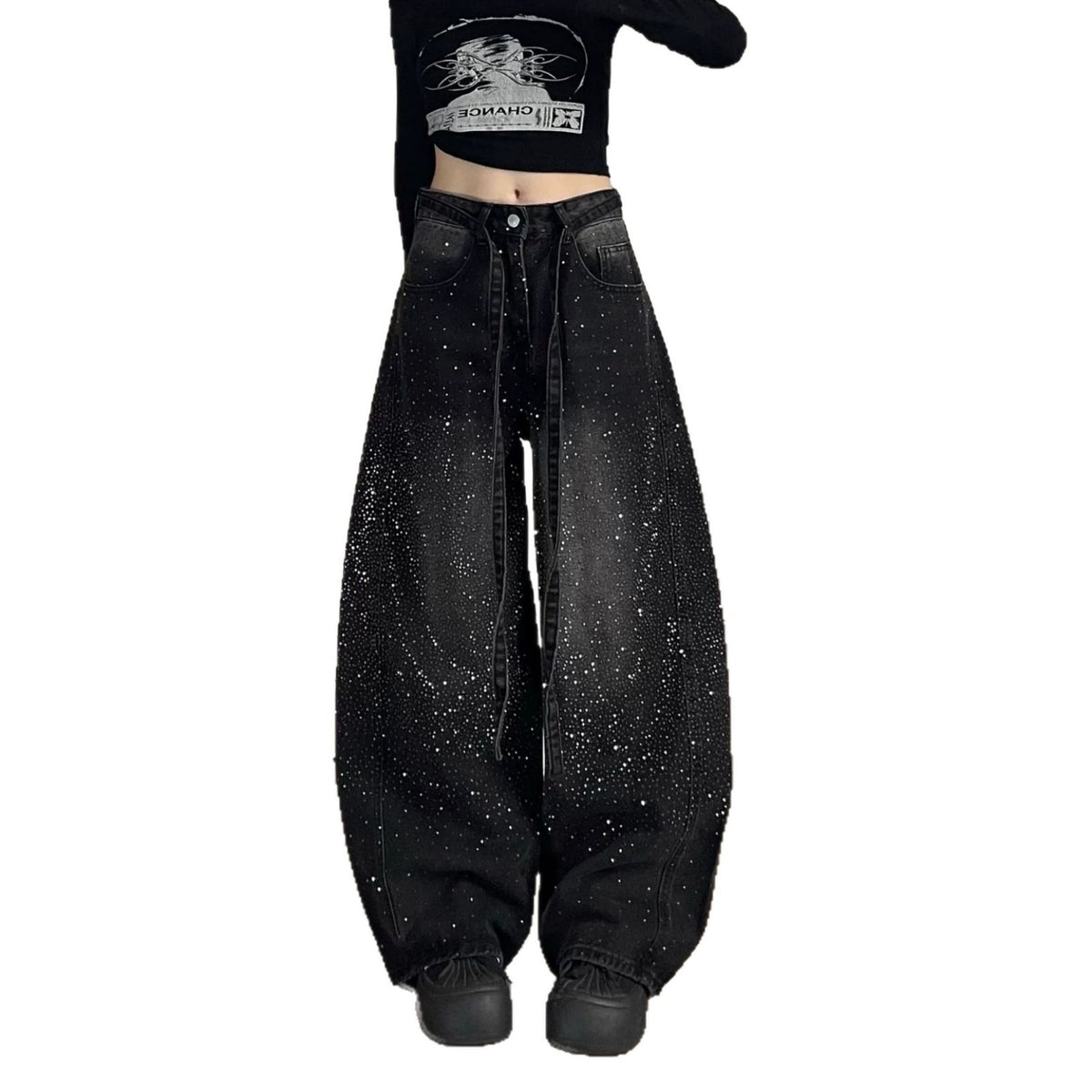 Womens High-Waisted Wide-Leg Rhinestone Jeans
