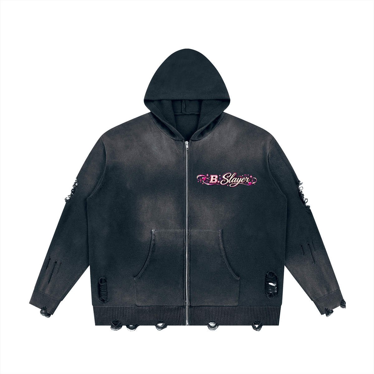 Beauty Slayer Unisex Distressed Full-Zip Knit Hoodie
