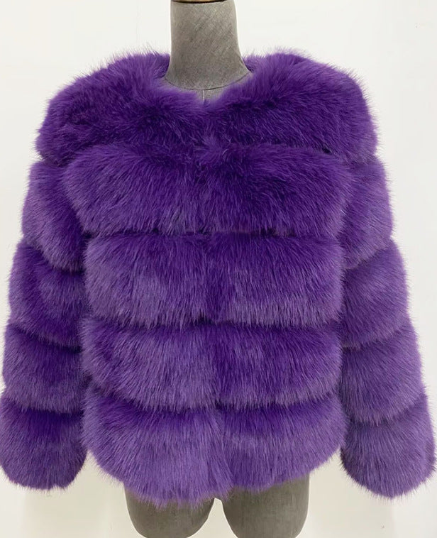 Faux fox fur coat - short style, women's long-sleeved winter jacket