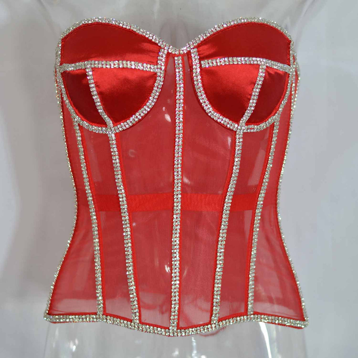 Adjustable Mesh Corset Bra with Diamond Decoration