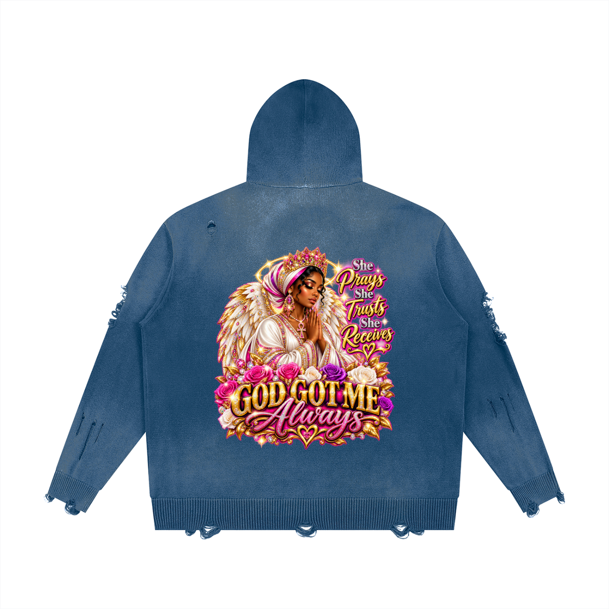 Beauty Slayer Unisex Distressed Full-Zip Knit Hoodie
