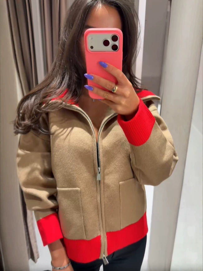 Women's Retro Patchwork Lapel Zipper Knit Cardigan