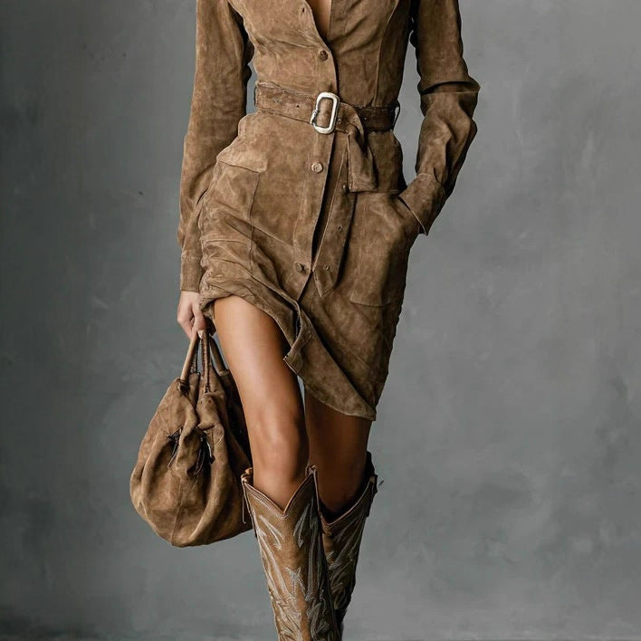 Women's Long Sleeve Lapel Single-Breasted Shirt Dress With Belt