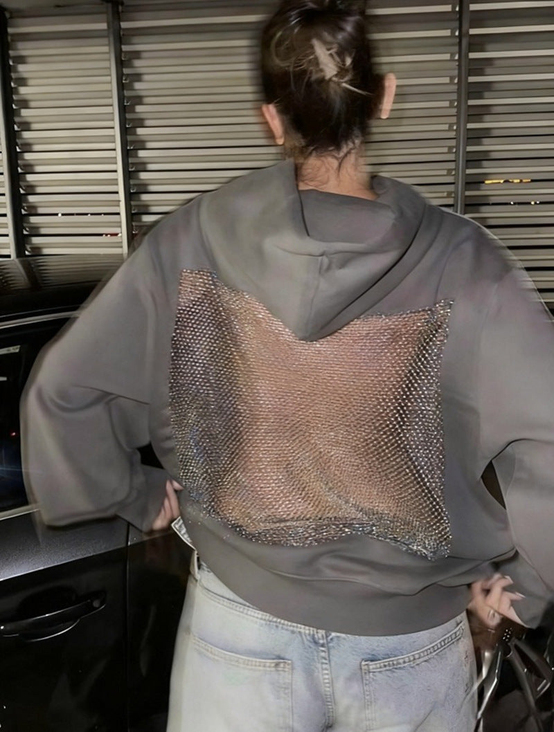 European style solid-color backless mesh-covered netted hooded pullover hoodie
