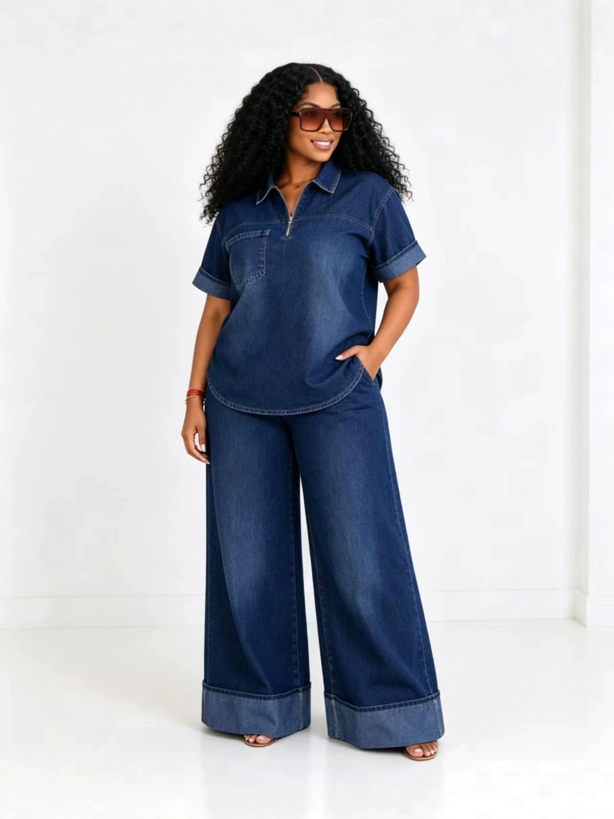 Plus Size Loose Fit Solid Color Denim Short Sleeve Polo Top and Wide Leg Pants Two Piece Set for Women