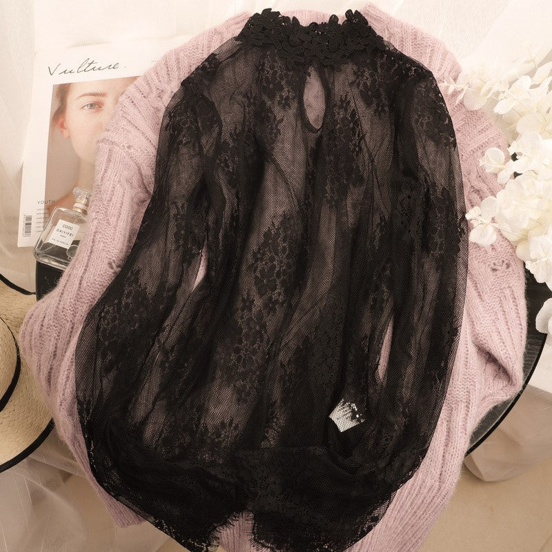 Women's Half Turtleneck Lace Top Bell Sleeve Hollow Out Mesh Pullover