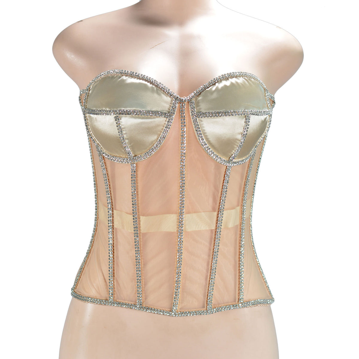 Adjustable Mesh Corset Bra with Diamond Decoration
