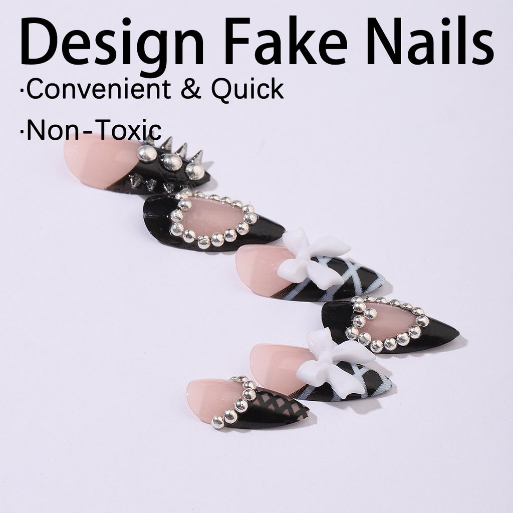 Almond-Shaped Press-On Nails with Heart Beads