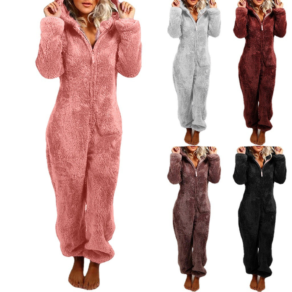 Thickened Furry Jumpsuit with Hood and Cat Ears Pajamas