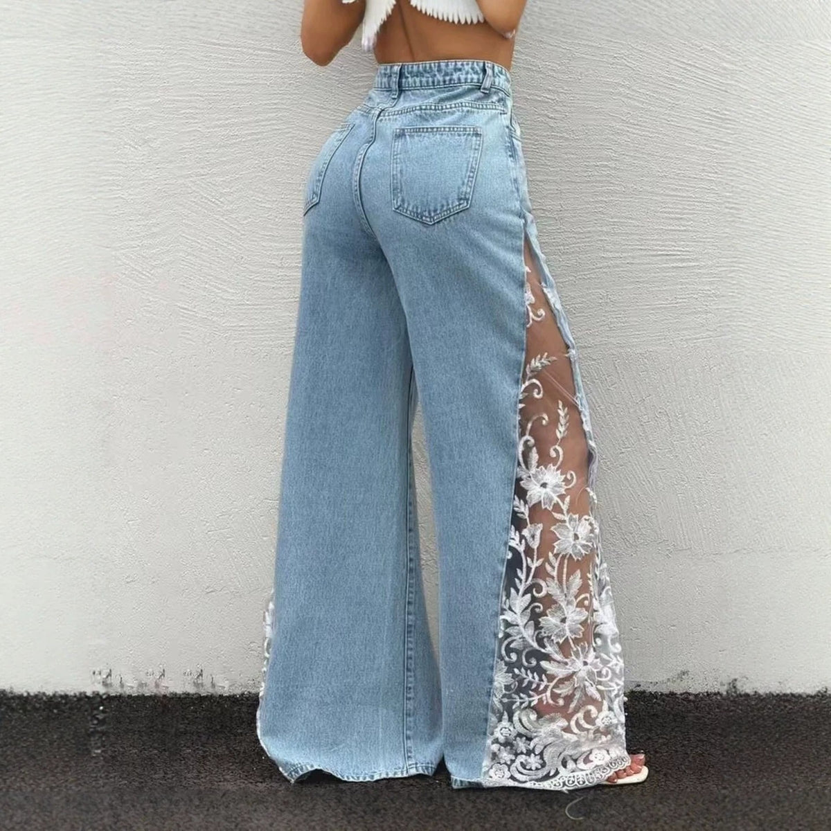 Women Colorblock Lace Spliced Wide Leg Denim Jeans