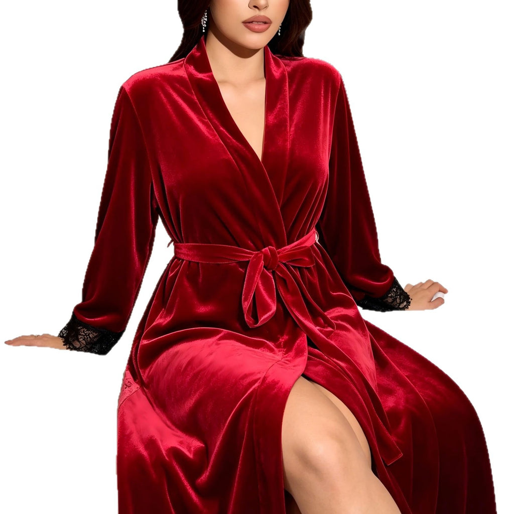 Women's Long Sleeve V-Neck Velvet Robe with Lace Trim