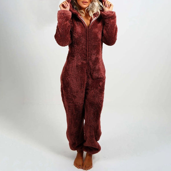 Thickened Furry Jumpsuit with Hood and Cat Ears Pajamas