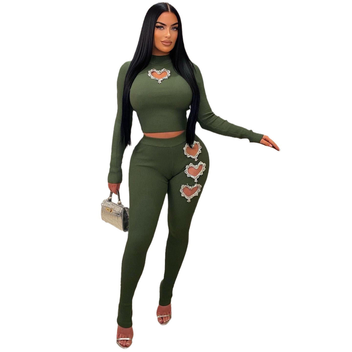 Women's Heart-Shaped Detail Solid Color Two-Piece Pants Suit