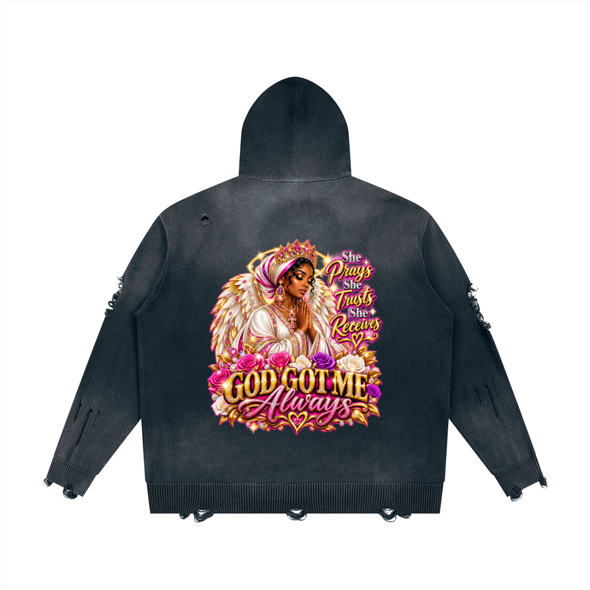 Beauty Slayer Unisex Distressed Full-Zip Knit Hoodie