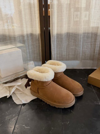 Classic Sheepskin Snow Boots with Ribbon Bow