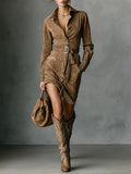 Women's Long Sleeve Lapel Single-Breasted Shirt Dress With Belt