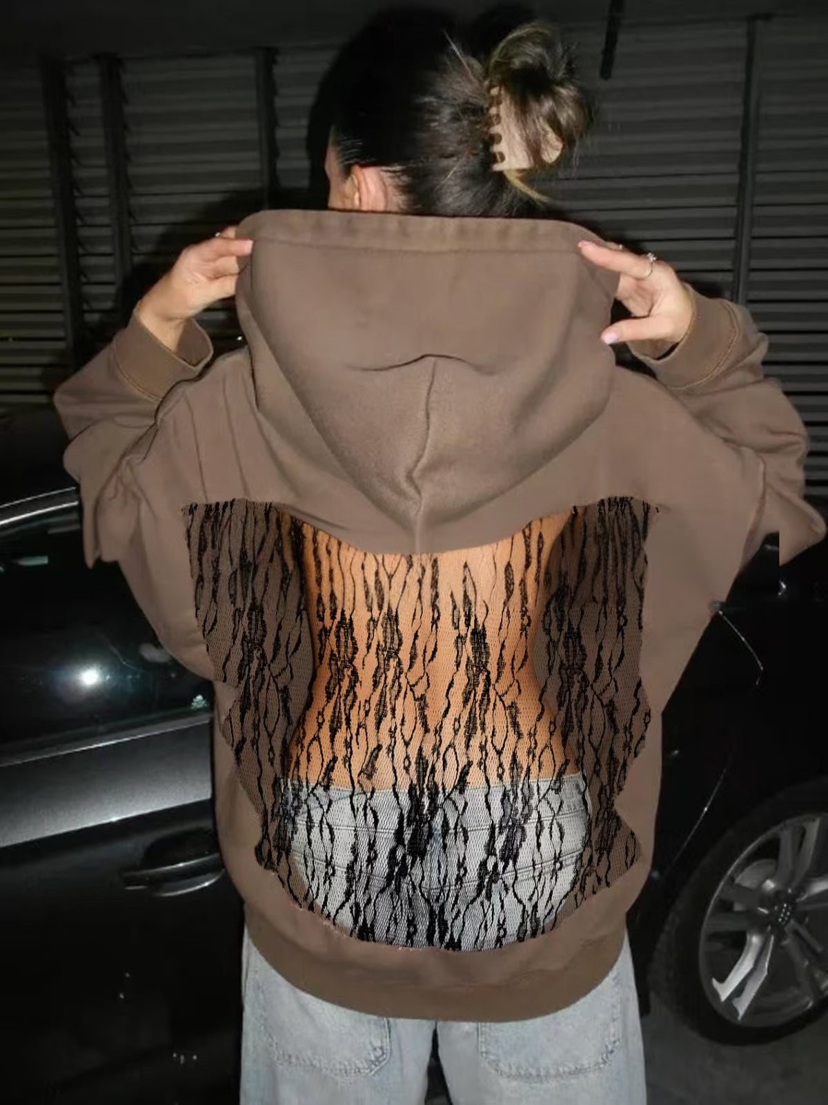European style solid-color backless mesh-covered netted hooded pullover hoodie