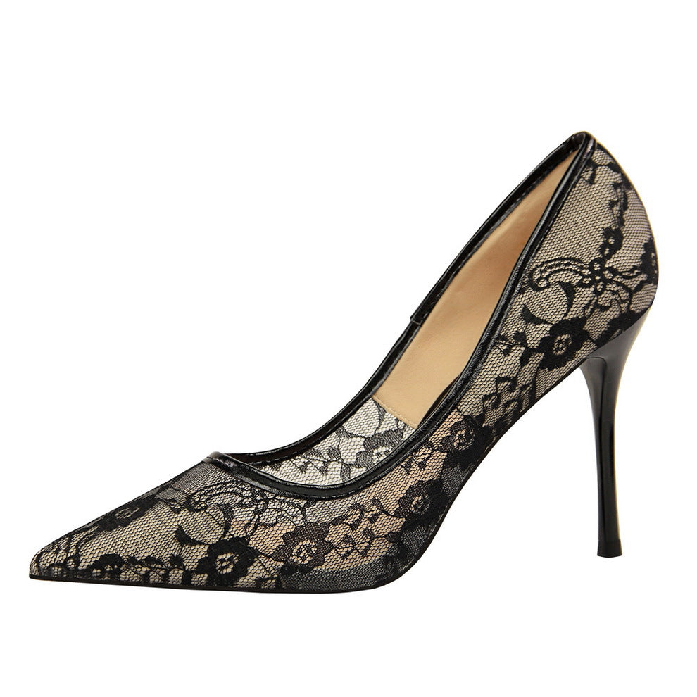 Slimming shallow pointed lace-up high heels