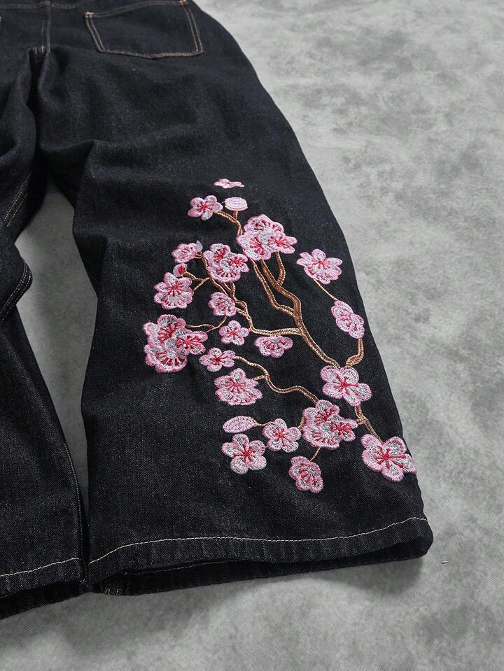 American Retro Cherry Blossom Embroidered Wide Leg Jeans for Men