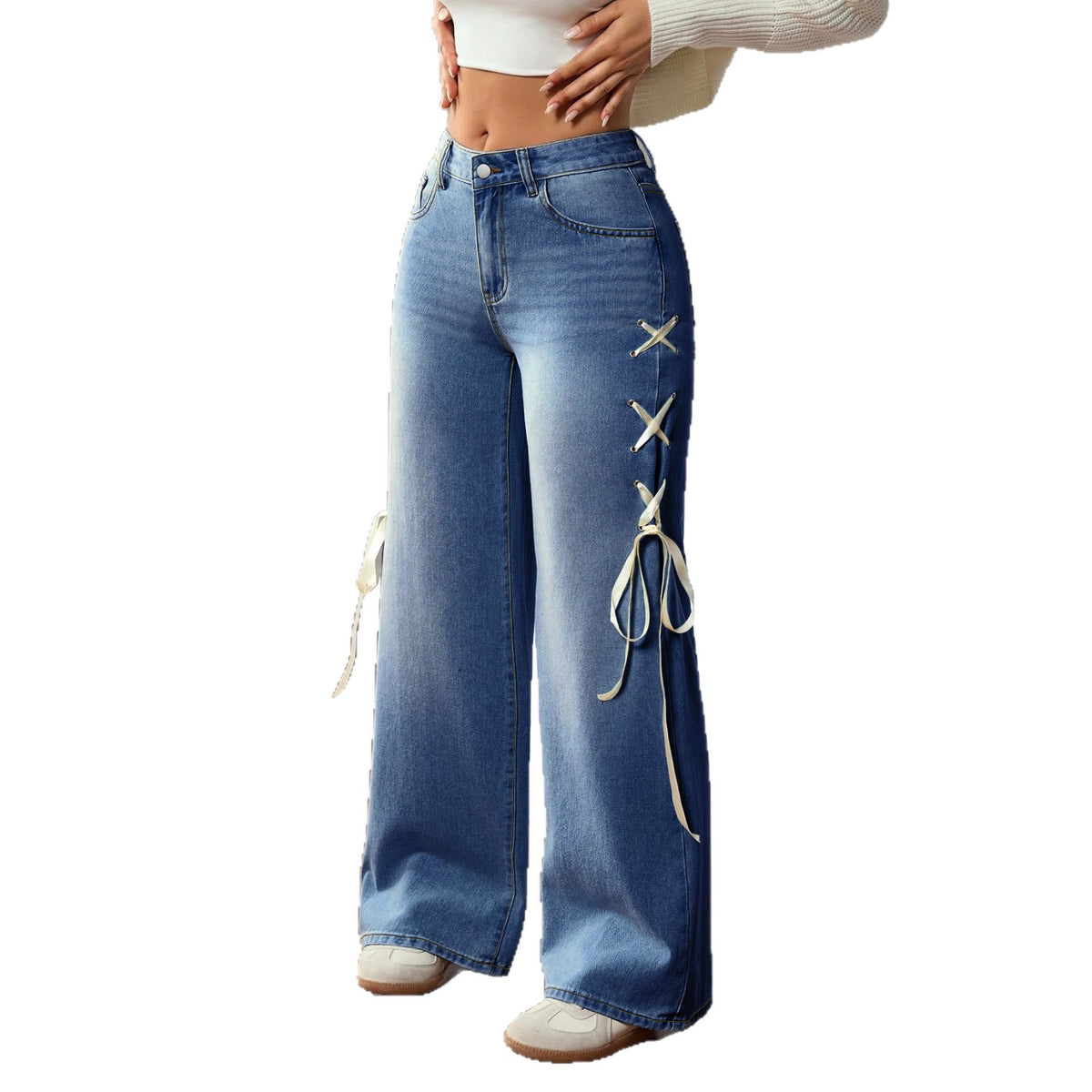 Womens Ribbon Accent Straight Leg Jeans
