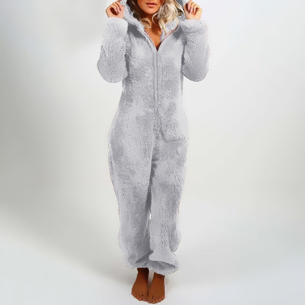 Thickened Furry Jumpsuit with Hood and Cat Ears Pajamas