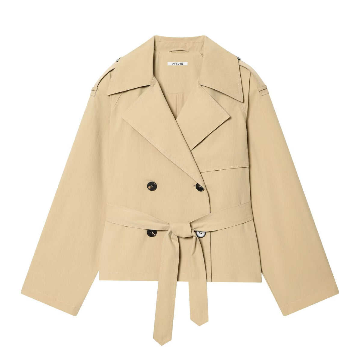 Short Belted Double-Breasted Trench Coat with Shoulder Pads