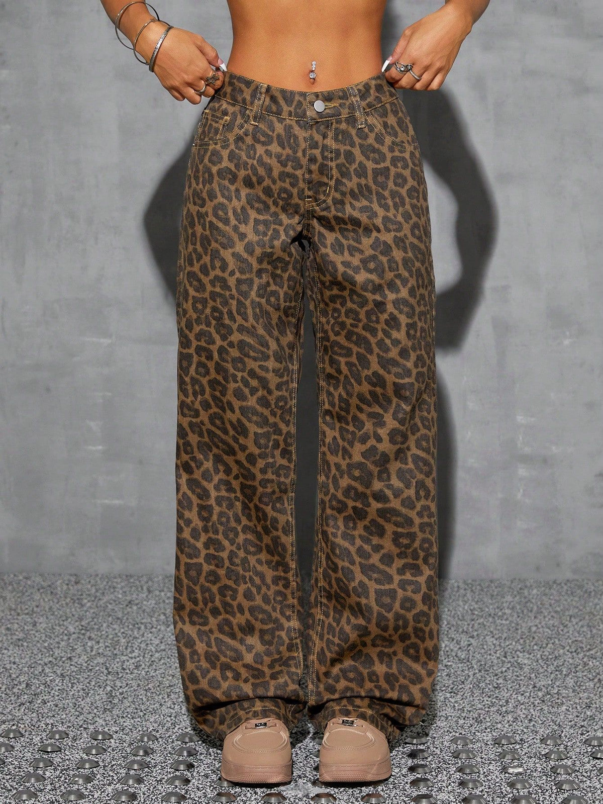 Leopard Print Vintage Washed High Waist Straight Denim Jeans