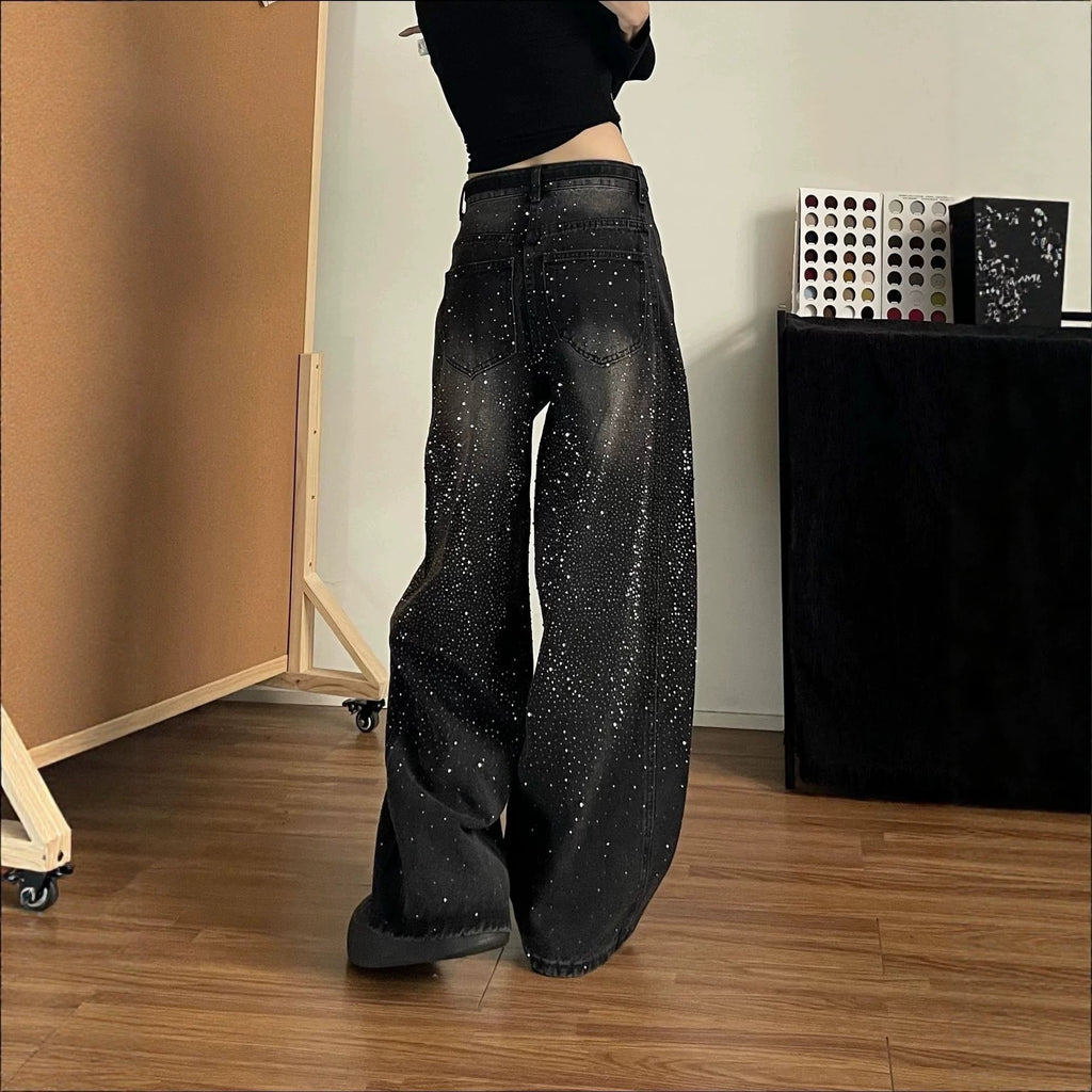 Womens High-Waisted Wide-Leg Rhinestone Jeans