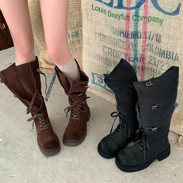 Belted platform riding boots