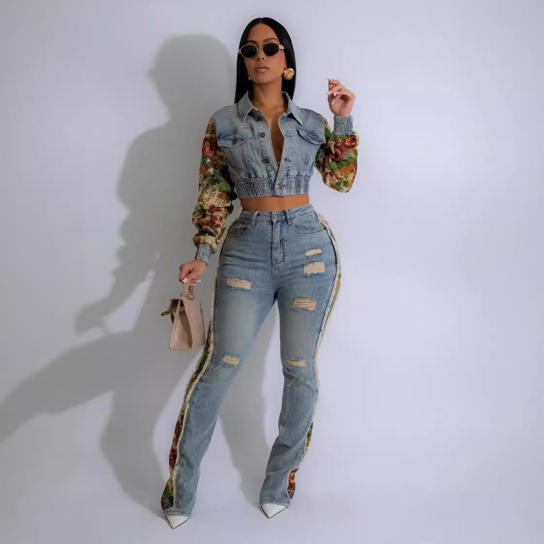 Women's Vintage Jeans Patchwork 2-Piece Set
