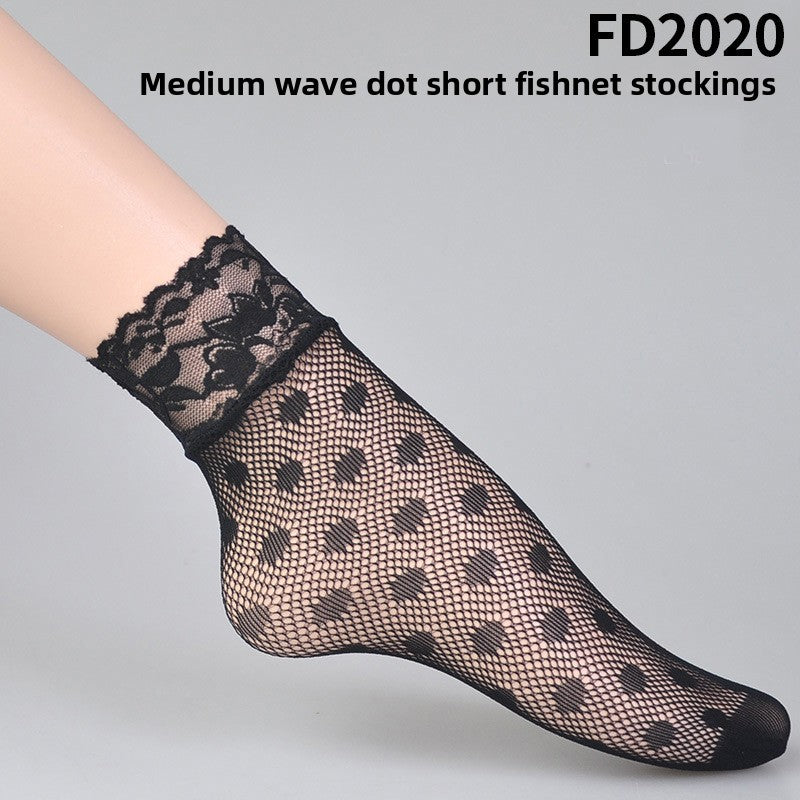 Women Hollow-Out Short Fishnet Socks Lace Trim Retro Style