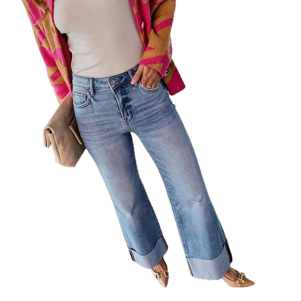 Women's High-Waisted Wide-Leg Washed Denim Jeans with Ripped Details