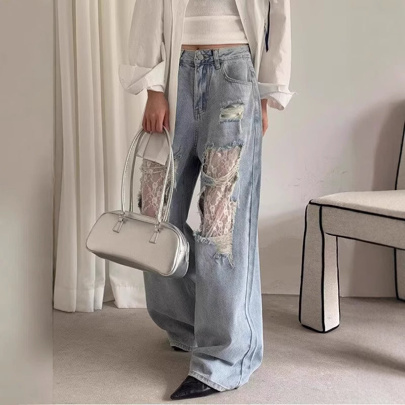 Retro Lace Stitched Wide-leg Women's Jeans
