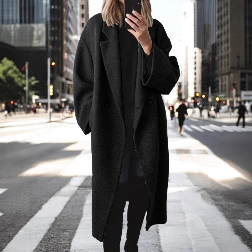 Women's Solid Color Long Wool Blend Trench Coat with Suit Collar