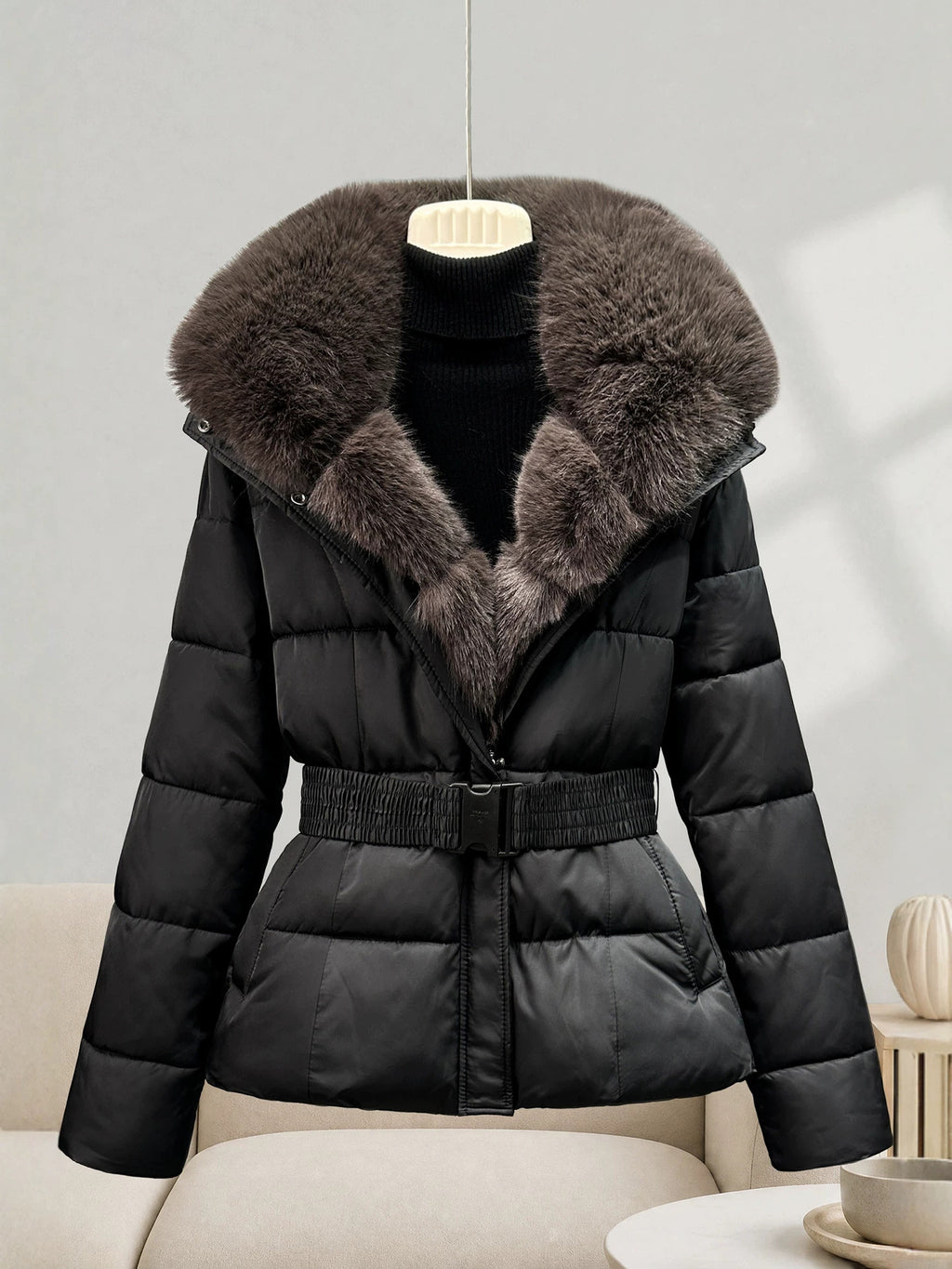 Women's Mid-Length Faux Fur Collar Coat