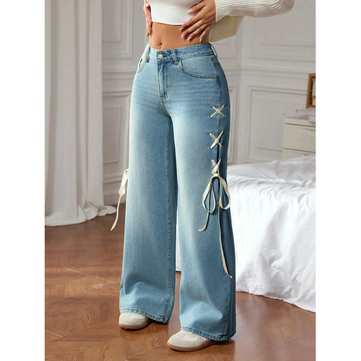 Womens Ribbon Accent Straight Leg Jeans